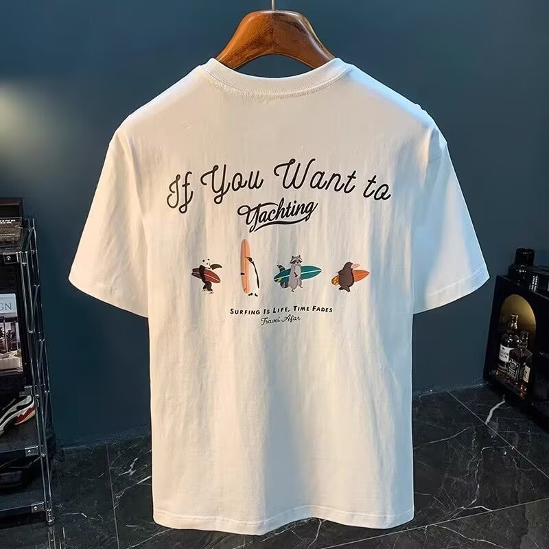 2025 NEW Summer Thin Short Sleeve T-Shirt Men's Trendy Brand Light Luxury High-End Cartoon Print Sli