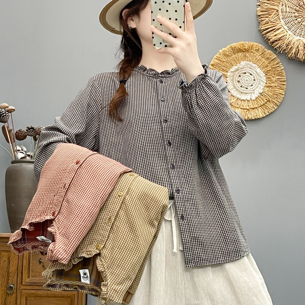 ผู้หญิงที่มีคุณภาพสูง100% เส้นด้ายฝ้ายเสื้อเสื้ออารมณ์ลูกไม้ปกลายสก๊อตขนาดเล็กเส้นด้ายฝ้ายเสื้อแขนยาว,ใหม่ผอมท็อปส์