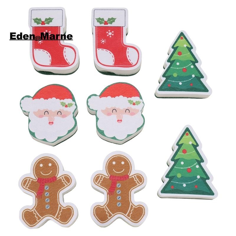 [Eden_Marner]ฟองน้ําคริสต์มาส 8 ชิ้นห้องครัวฟองน้ําจานสองด้านฟองน้ําสําหรับล้างจาน Santa Christmas T