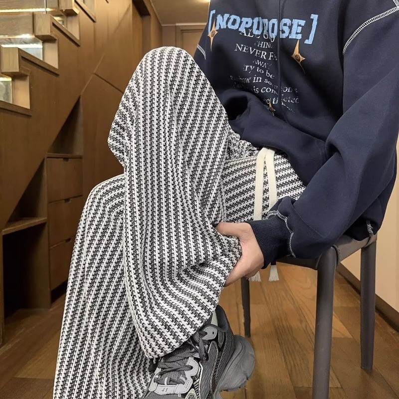 กางเกงขายาวลำลองลายทางทรง Oversize เอวยืด M-5XL (ผ้าฝ้าย+โพลีเอสเตอร์)