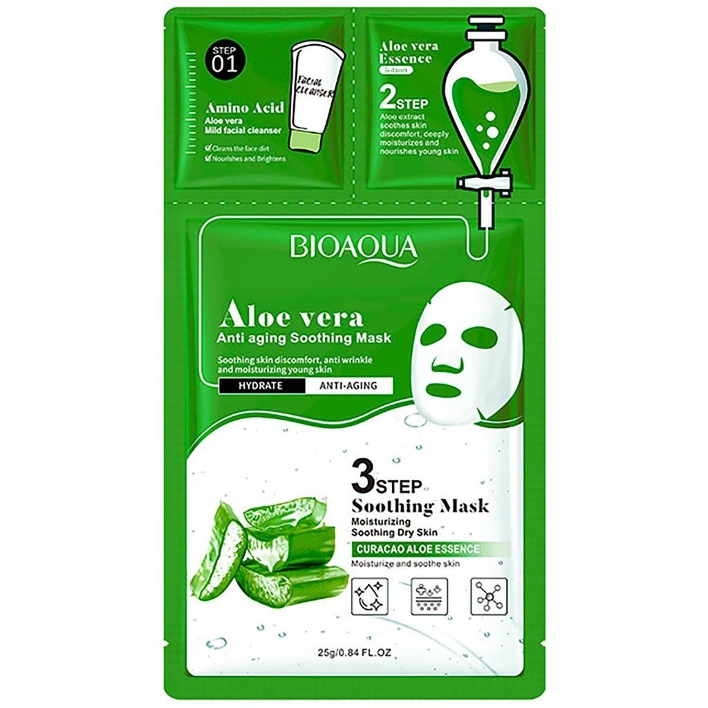 BIOAQUA 3 Step Facial Mask Amino Acid Cleanser Essence Lotion Face Mask 5x(0.8ml+0.8g+25g) (Aloe Ver