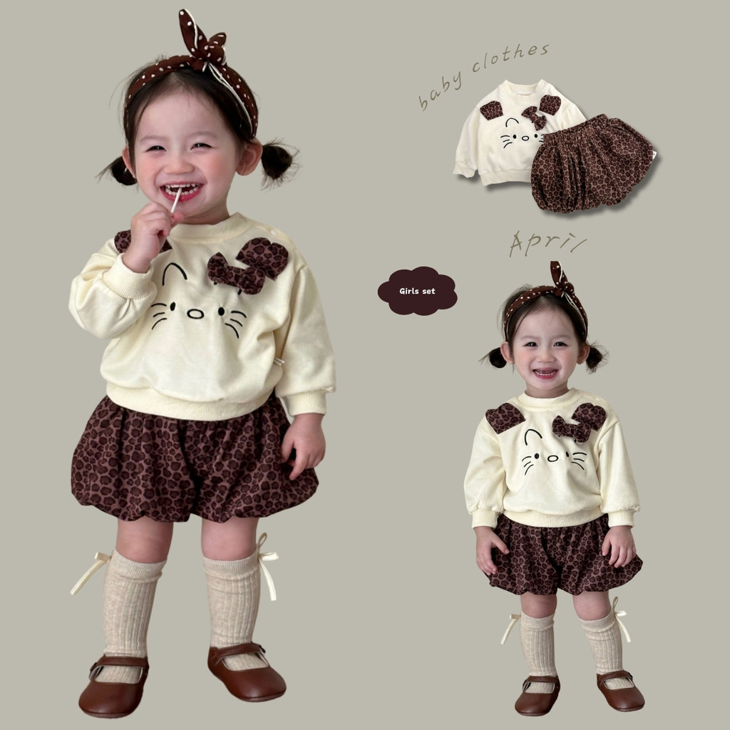 ชุดสูทด้านบนแขนยาวและกางเกงขาสั้นลายเสือดาวสำหรับเด็กหญิงอายุ 0-3 ปี พร้อมโบว์แมวน่ารัก เหมาะสำหรับฤดูใบไม้ผลิและฤดูใบไม้ร่วง
