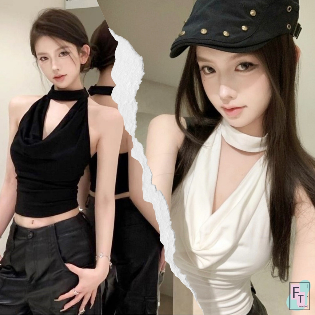 💢FT อินเทรนด์💢เสื้อคอถ่วงคล้องคอ เปิดหลัง 2 สี ดำขาว คอมีกระดุมถอดได้