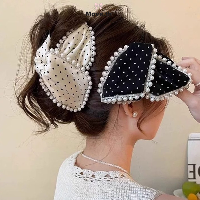 ในไทย-พร้อมส่ง✨กิ๊บติดผมลายจุดโบว์ประดับมุกสุดประณีต กิ๊บติดผมทรงเล็บหรูหราระดับไฮเอนด์-Move