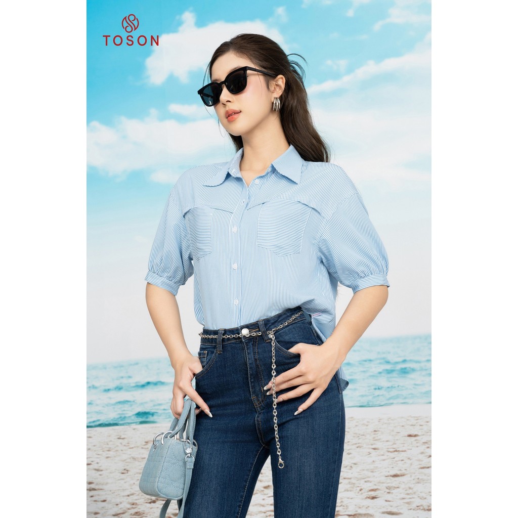 เสื้อเชิ้ตลายทางสีน้ําเงิน คอปกหลวม 10055K15 Toson