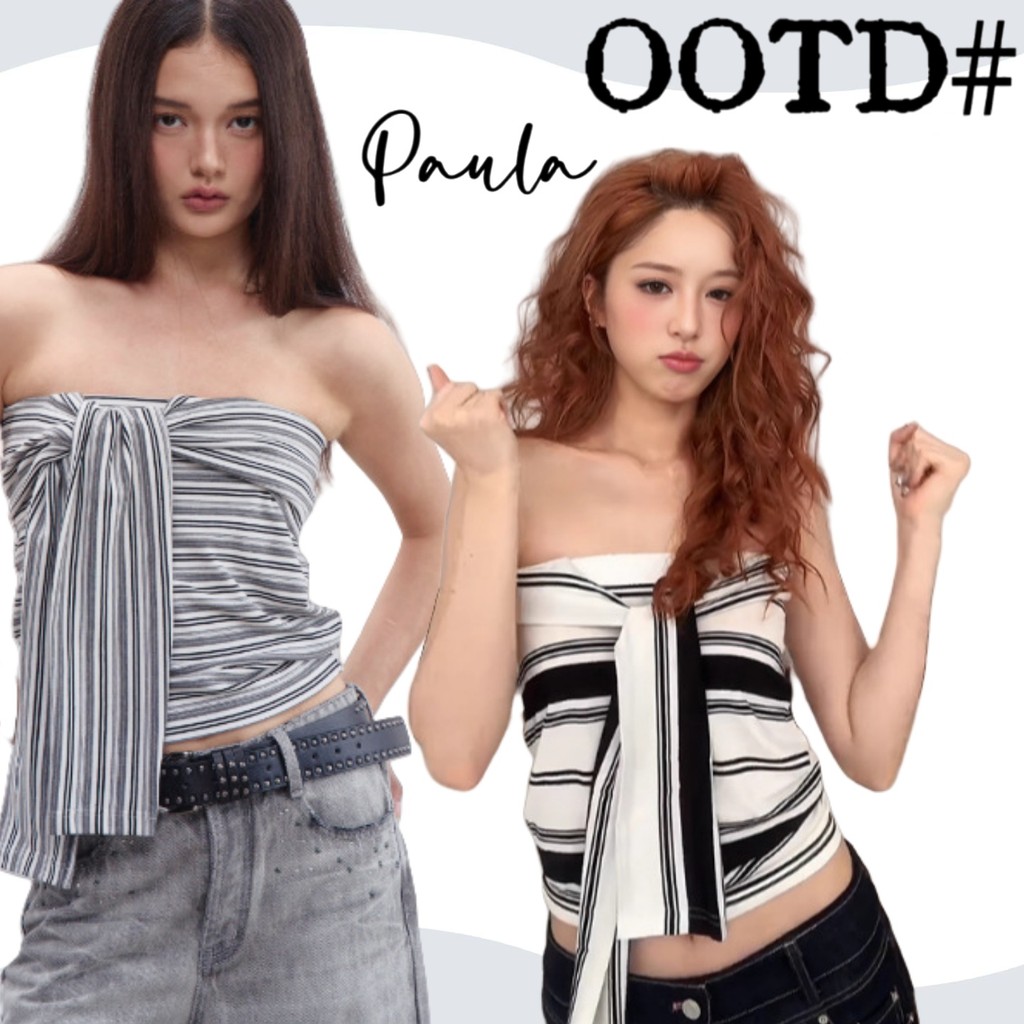 Paulaพร้อมส่ง🌴เสื้อเกาะอกผู้หญิง🌴พิมพ์ลายขวาง แฟชั่นผู้หญิง เสื้อครอป ทรงกระชับเอว ชุดไปเที่ยว ดีไซน์เชือกผูกหน้าอก