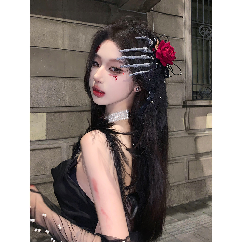 โลลิต้าผ้าโพกศีรษะ cos Dark Gothic Wine Red Rose Skeleton Finger Hair Accessories Halloween Hair Acc