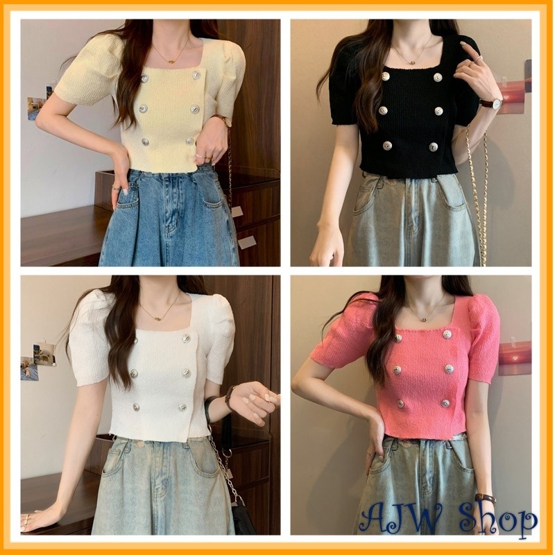 BRIGIXSHOP AJW ปุ่มด้านบนของผู้หญิง Six Active Puffy Knit Premium HDD | เสื้อท่อนบนปุ่มคอสี่เหลี่ยมอ