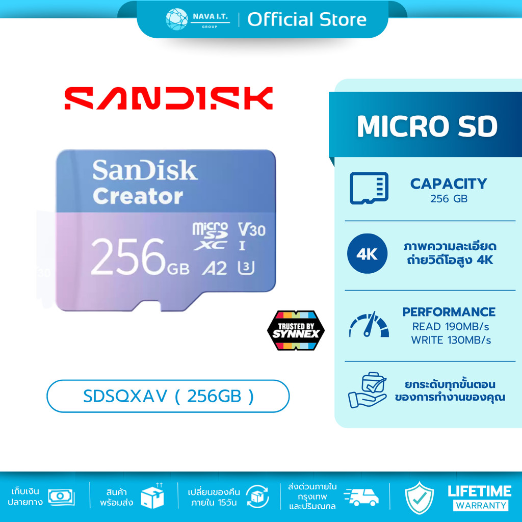(มีส่งด่วน) SANDISK Micro SD Card Creator 256GB เอสดีการ์ด R 190MB/s W 130MB/s Lifetime warranty