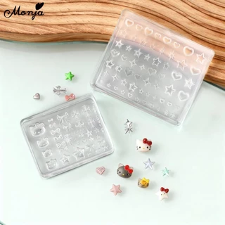 Monja เล็บแม่พิมพ์ 3D Hello Kitty Bowknot Heart ซิลิโคน Stamplates นํากลับมาใช้ใหม่น่ารักเล็บ Mould