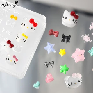 Monja เล็บแม่พิมพ์ 3D Hello Kitty Bowknot Heart ซิลิโคน Stamplates นํากลับมาใช้ใหม่น่ารักเล็บ Mould