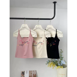 Nemo store🌸#FY2601 เสื้อสายเดี่ยว สีพาสเทล ดีเทลสกีนตัวอักษรน่ารักมาก เสริมฟองน้ำมินิมอล