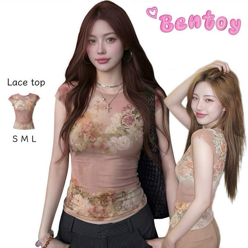 Bentoy พร้อมส่งในไทย Q2233เสื้อลูกไม้ เสื้อซีทรูลายดอกสวยมาก บางเบาใส่สบาย รัดรูป พรางหุ่น SML