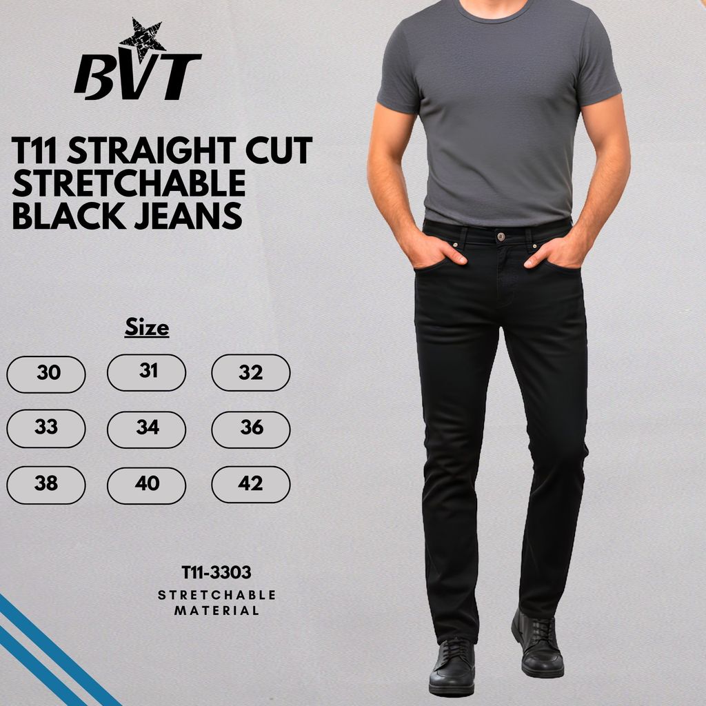 BVT T11 กางเกงผ้าฝ้ายยืดทรงตรง - สีดํา- T11-3303