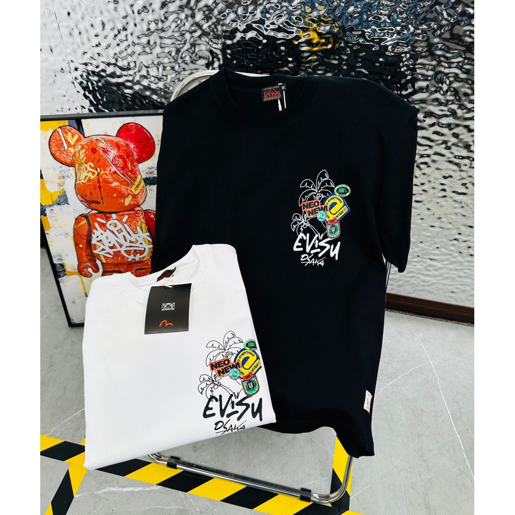 EVISU/God of Fortune 2026 ขนาดใหญ่ 6XL Star รอบคอแขนสั้นเสื้อยืดคู่สไตล์ผู้ชายทุกวันพิมพ์ตัวอักษรรอบ