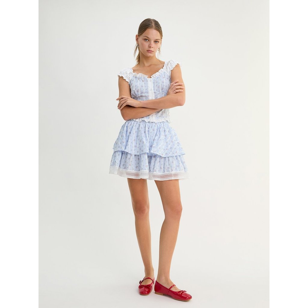 [Pomelo] กระโปรงสั้นลายสก็อตดอกไม้แต่ระบายลูกไม้ / Ruffle Trim Gingham Floral Mini Skirt