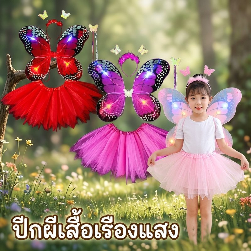 ชุดผีเสื้อเรืองแสง เด็กผู้หญิง ปีกผีเสื้อ กระโปรงแฟนซี ที่คาดผม ไม้คฑา ชุดฮาโลวีน ชุดการแสดง