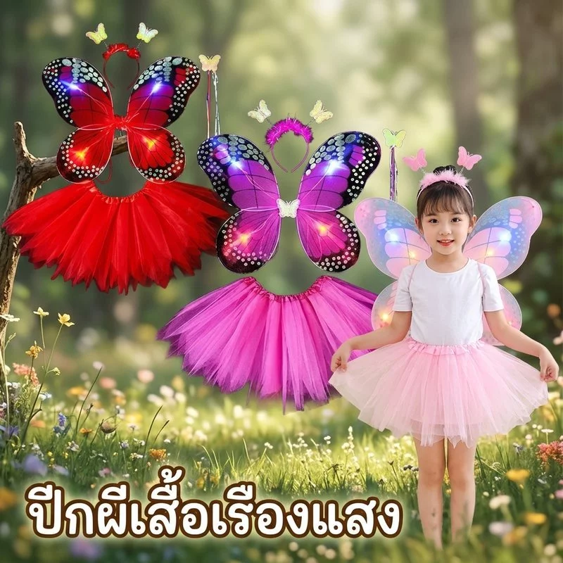 ชุดผีเสื้อเรืองแสง เด็กผู้หญิง ปีกผีเสื้อ กระโปรงแฟนซี ที่คาดผม ไม้คฑา ชุดฮาโลวีน ชุดการแสดง