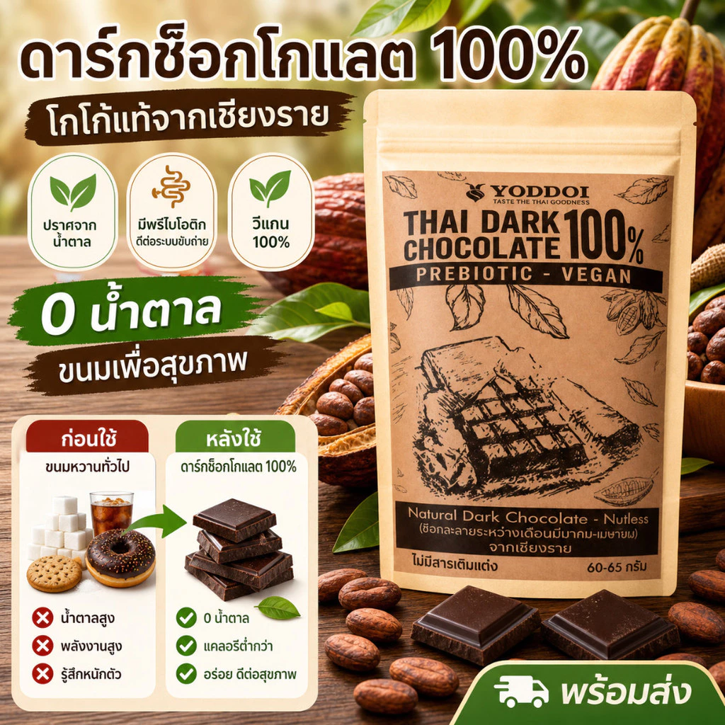 ✨ปราศจากน้ำตาล✨ ดาร์กช็อกโกแลต 100% โกโก้แท้จากเชียงราย / ดาร์กช็อกโกแลต / ปราศจากน้ำตาล / โกโก้ 100% / 0 น้ำตาล 0 ภาระ / ขนมขบเคี้ยวเพื่อสุขภาพ