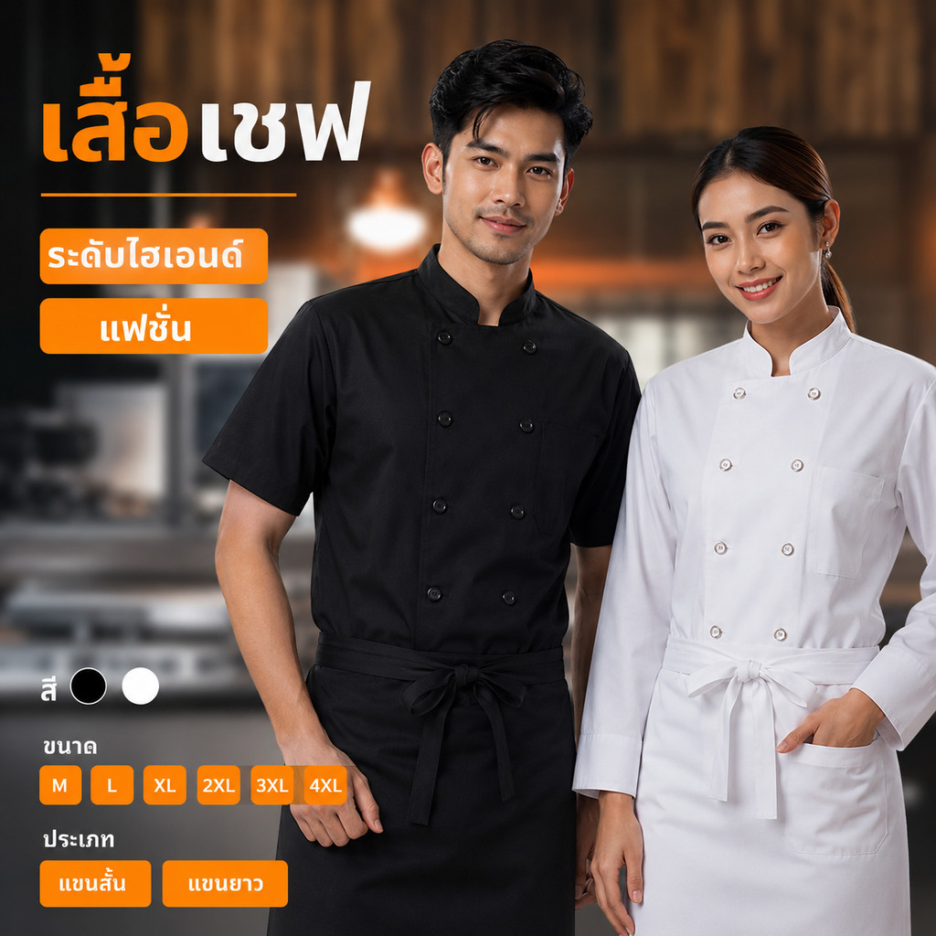 เสื้อเชฟ ชุดเชฟทำอาหาร ผ้าคุณภาพดี สีขาวสีดำ หลายขนาด สำหรับโรงแรม ร้านอาหาร ยูนิฟอร์มเชฟ