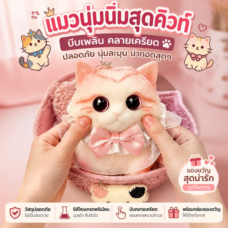 สกุชชี่แมวน่ารัก ของเล่นบีบคลายเครียด คืนรูปช้า ของขวัญวันเกิด ของตกแต่งโต๊ะ ของเล่นน่ารัก COD