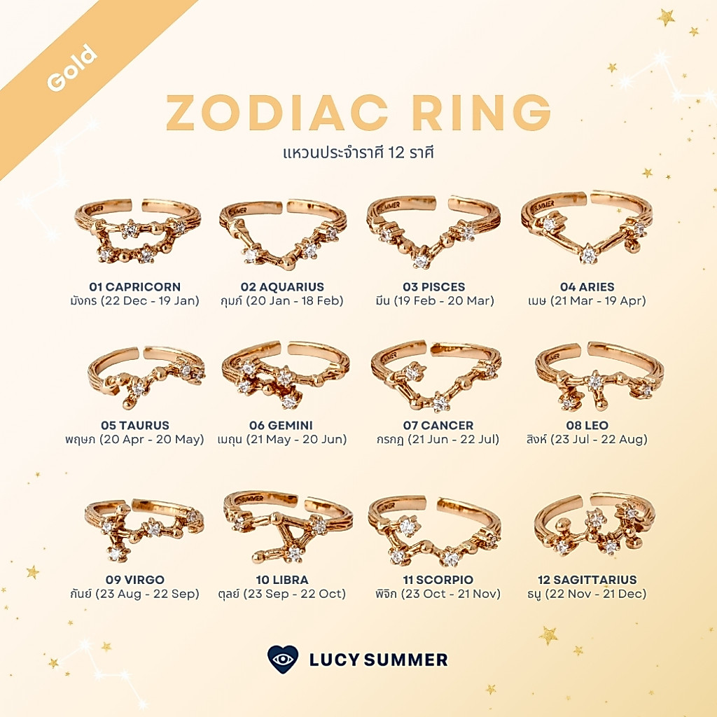 LUCYSUMMER [Gold] แหวนราศี 12 ราศี Zodiac Ring พลอย White Topaz ดีไซน์กลุ่มดาว (ปรับไซส์ได้)
