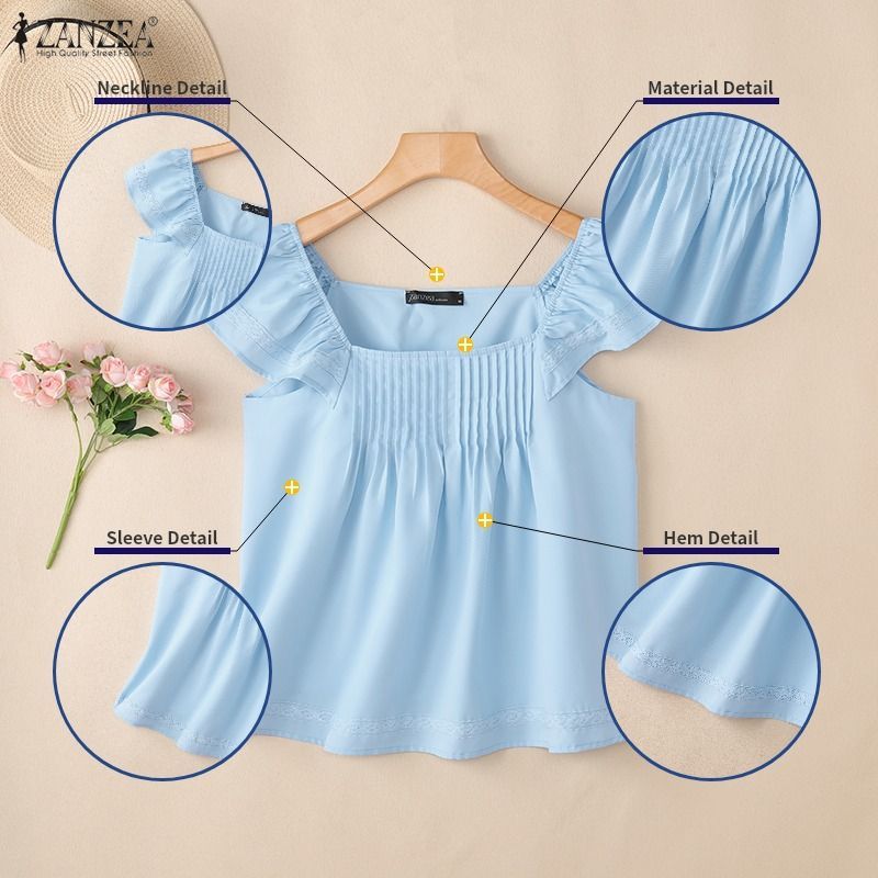 ZANZEA เสื้อสตรีสไตล์เกาหลีทุกวันสีทึบทอ A-Line Ruffles คอเหลี่ยมถัง — صورة 7