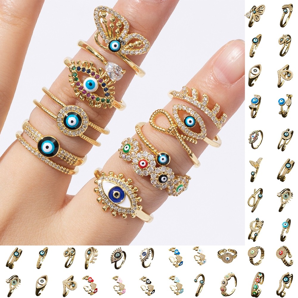 สุภาพสตรี Evil Eye แหวนเปิดนิ้วปรับ 18K Gold-Plated สแตนเลส Cube Zirconia Belief ป้องกันเครื่องประดับแฟชั่น