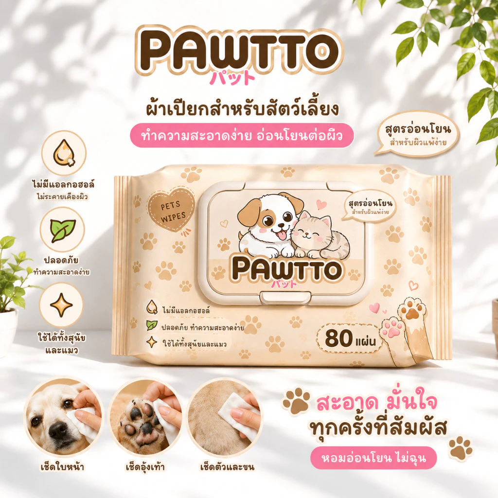ผ้าเปียกสัตว์เลี้ยง สูตรอ่อนโยน เช็ดตัว เช็ดหู เช็ดอุ้งเท้า สุนัข แมว ปลอดภัย ลดกลิ่น ไม่มีแอลกอฮอล์ พร้อมส่ง PES