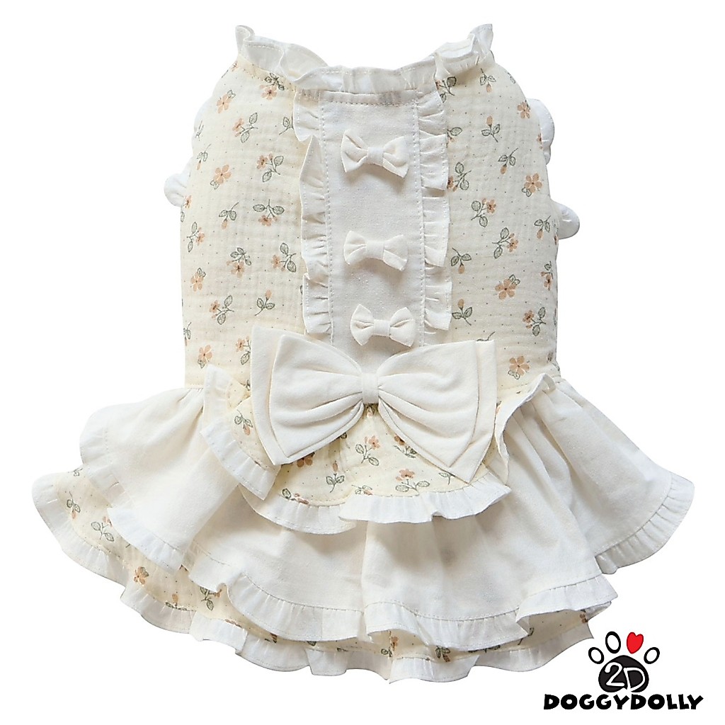 Pet clothes -Doggydolly เสื้อผ้าแฟชั่น น้องหมาน้องแมว ชุดกระโปรงแขนกุด ระบายสามชั้น ผ้าสาลู สีครีม ขนาดไซส์ 1-9โล D923