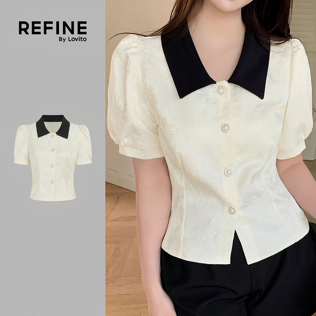 (Refine by Lovito) เสื้อเบลาส์ลําลองผ้าลูกไม้ สีขาว สไตล์รีสอร์ท สําหรับผู้หญิง เหมาะสําหรับฤดูใบไม้ผลิและฤดูร้อน LR35A240