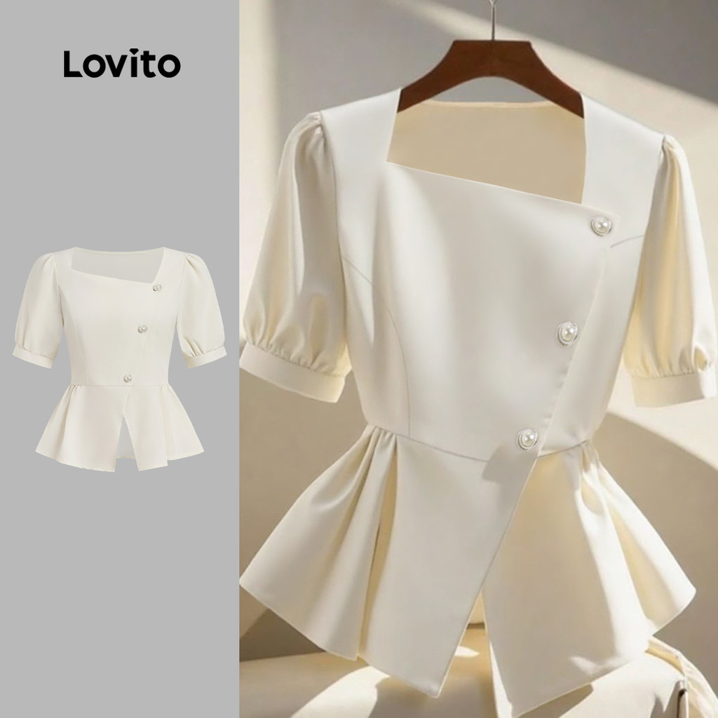 Lovito สง่างาม เสื้อเชิ้ตเรียบหรูดีไซน์ไม่สมมาตร ปุ่มเปิดโล่ง春/夏 สีขาวออฟไวท์ สำหรับผู้หญิง L137LD210