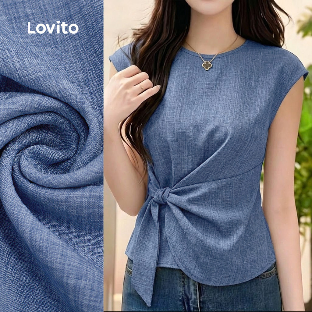 (New Arrival) Lovito เสื้อเบลาส์สีกากีเรียบหรูจับจีบ สไตล์ฤดูใบไม้ผลิ/ฤดูร้อน สําหรับผู้หญิง L196LD487