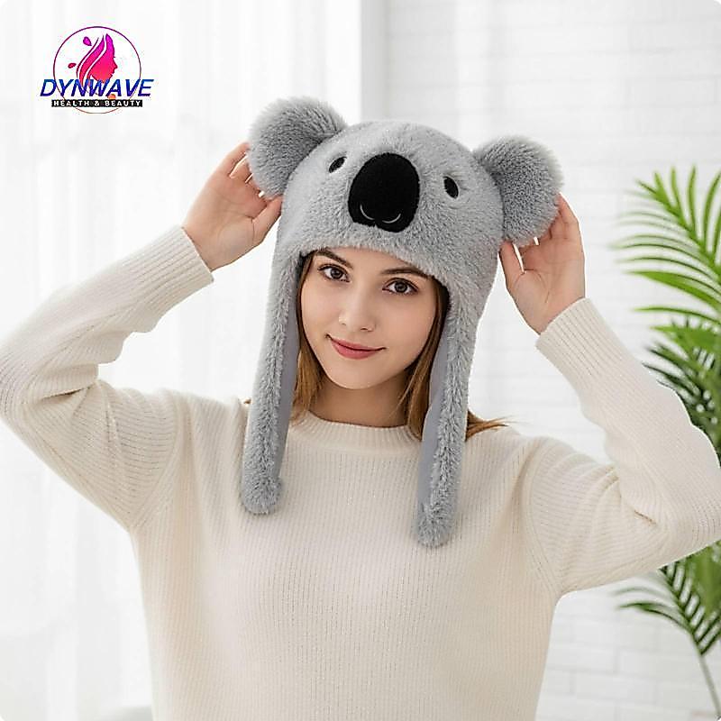 [Dynwave2] Fuzzy Koala Earflap Hat Warm Koala Fuzzy Hat Windproof Winter Headwear สําหรับผู้หญิง, งา