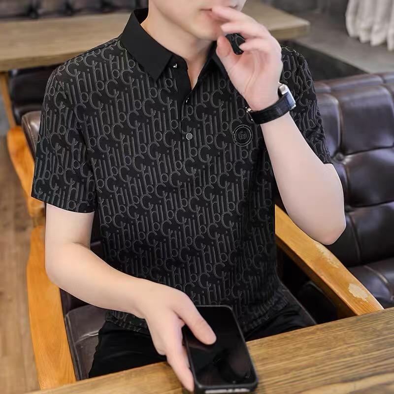 เสื้อโปโลชาย ทำจากผ้าไหมผสม แขนสั้น คอปก เกาหลีแฟชั่นผู้ชาย ชุดผู้ชาย