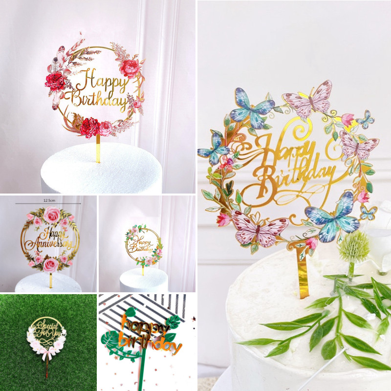 🛒พร้อมส่ง🇹🇭🇹🇭🛒ป้ายปักอะคริลิค ดอกไม้ ป้ายปักเค้กพิมพ์ลายดอกไม้ HBD