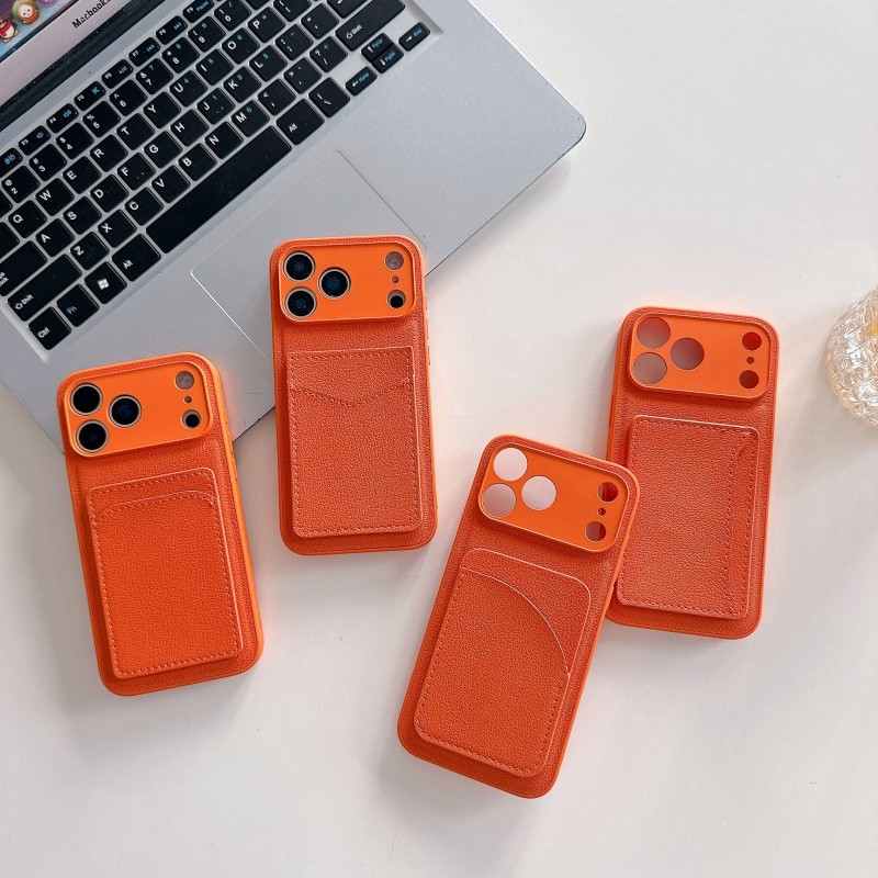 แฟชั่นกระเป๋าบัตรสีส้มหนังเคสโทรศัพท์สําหรับIPhone 17 Air 17 pro max 17promax 17pro 17airฝาครอบป้องกัน