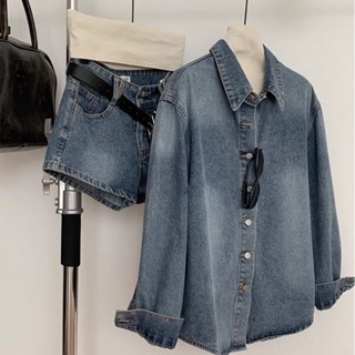 ใหม่สีฟ้าย้อนยุคด้านบนล้างเสื้อเวอร์ชั่นเกาหลีหลวม ผอมลง ดูก…