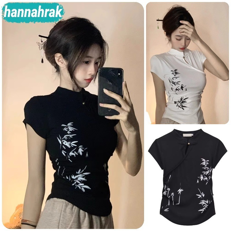 (ส่งจากกรุงเทพฯ)เสื้อเบลาส์ เครื่องแต่งกายสไตล์จีนในชีวิตประจ คอกลม แขนสั้น เสื้อสไตล์จีนลายไผ่แฟชั่น สำหรับผู้หญิง