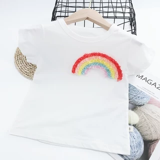 ใหม่ เสื้อยืดผ้าฝ้าย 100% แขนสั้น ปักลายหัวใจ สีรุ้ง สําหรับเด็กผู้หญิง 2026 P980