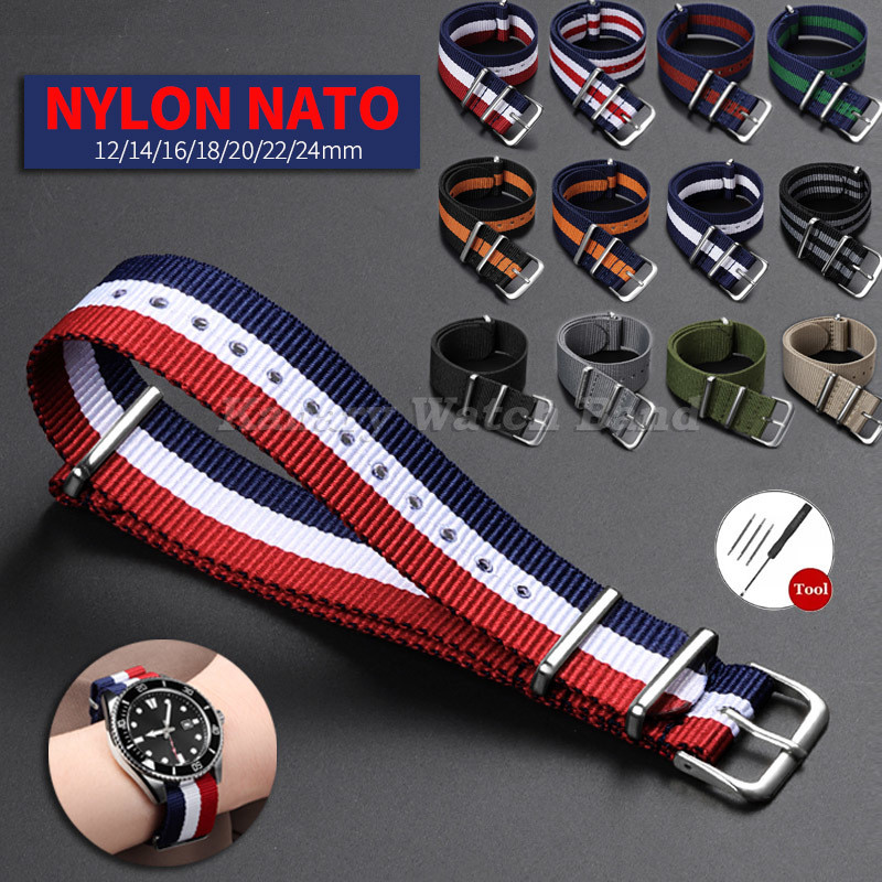 12-24มิลลิเมตรไนล่อนนาโต้สายนาฬิกา12มิลลิเมตร14มิลลิเมตร16มิลลิเมตร18มิลลิเมตร20มิลลิเมตร22มิลลิเมตร24มิลลิเมตร หนึ่ง ชิ้นส่วน วนซ้ําสากลสร้อยข้อมือผ้าผ้าใบทหารกีฬาสายนาฬิกาข้อมือผู