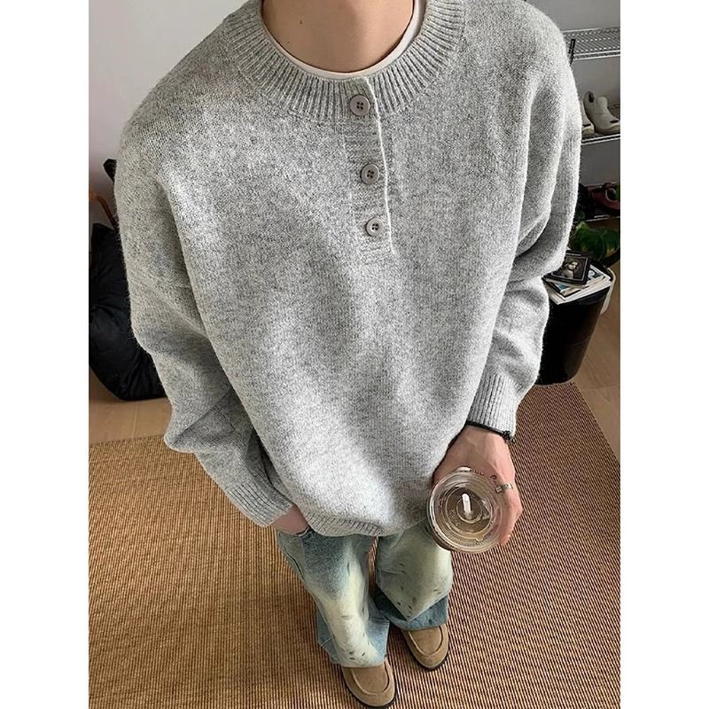 เสื้อกันหนาวถักครึ่งเปิด สีน้ำเงินทึบ ดีไซน์เรียบง่าย