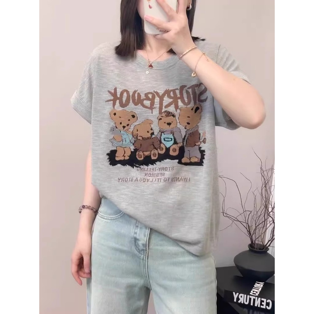 เสื้อยืดผู้หญิงแขนสั้น ทำจากผ้าฝ้ายแท้ ไซส์หลวม สไตล์แฟชั่นใหม่สำหรับฤดูร้อน
