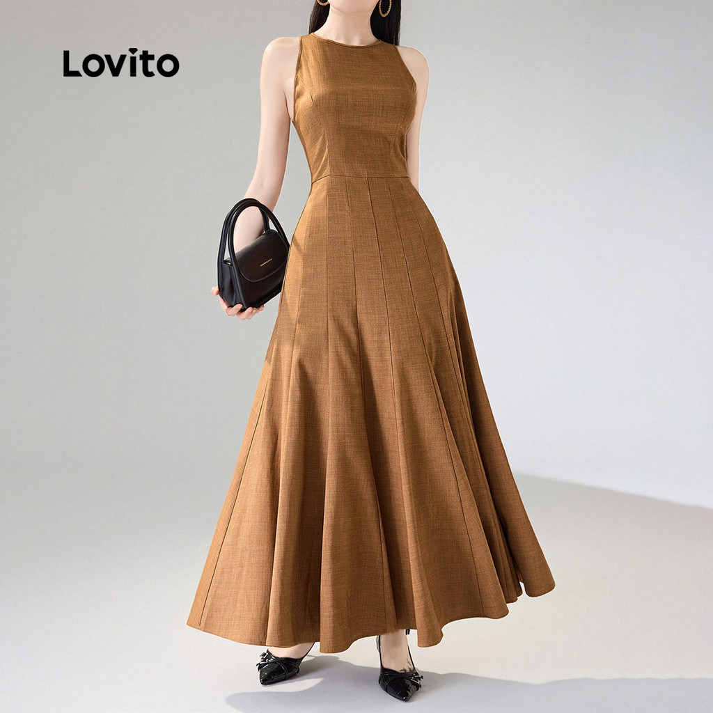 (สง่างาม) Lovito ชุดสวยหรูด้วยซิป สปริง/ซัมเมอร์ สีคาฮีสำหรับผู้หญิง L152LD072