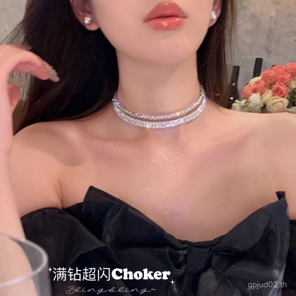 เพชรเต็มปกแสงหรูหราพรีเมี่ยมเค้นคอซอก2025รูปแบบใหม่คอเงาสร้อยคอเพชรกระพริบสุด 2CFB YJVP