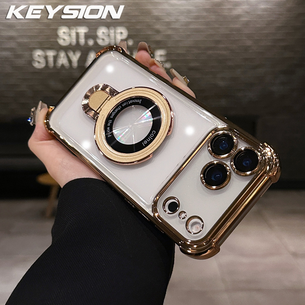 KEYSION เคสแม่เหล็ก สําหรับ iPhone 17 Pro Max 17 Air ชุบโปร่งใส TPU กันกระแทกแหวนขาตั้งโทรศัพท์ฝาหลั
