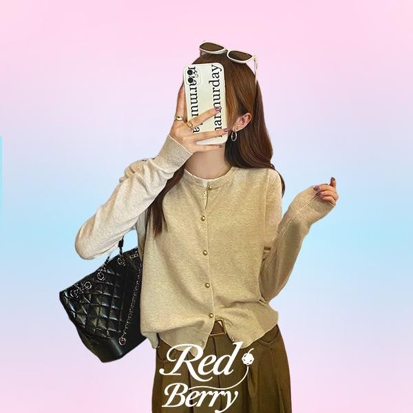 Red Berryเสื้อคาร์ดิแกนถักบางฤดูใบไม้ผลิและฤดูใบไม้ร่วง เสื้อสเวตเตอร์กระดุมโลหะสำหรับผู้หญิง88010