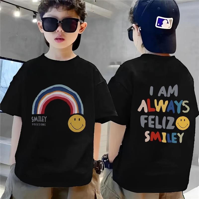 (จัดส่งตลอด 24 ชั่วโมง)เสื้อยืดแขนสั้นแบบสบาย ๆ ผ้าฝ้ายพิมพ์ลายสายรุ้งทรัมเป็ตฤดูร้อนเด็กผู้ชาย