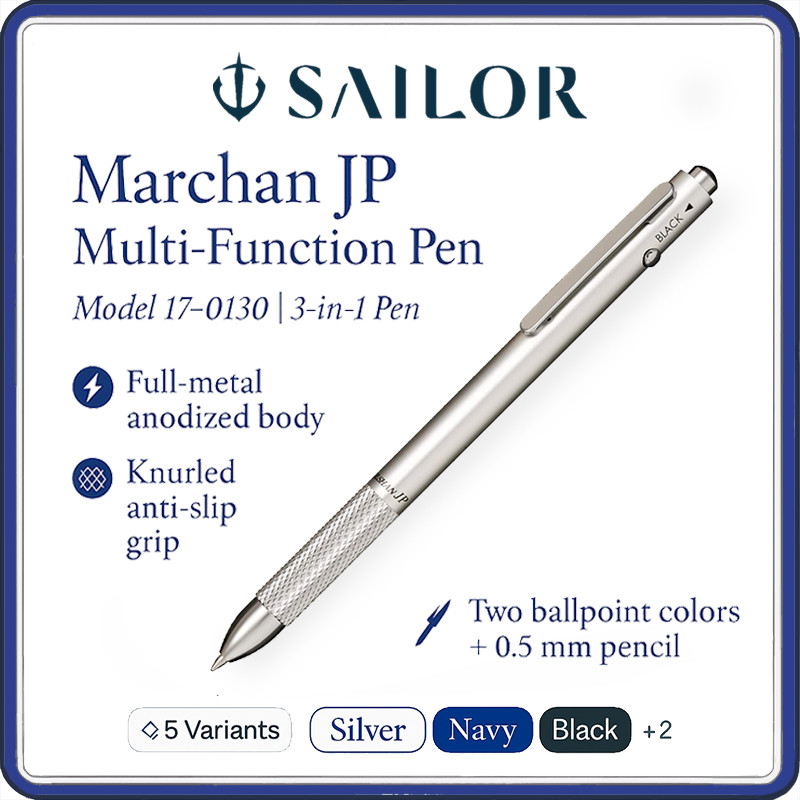 Sailor 17-0130 Series 3-in-1 Multi-Function Pen - Dual 0.7 mm Ballpoint & 0.5 mm Pencil, Lightweight Aluminum Body, 5 Colors (Silver / Black / Navy / Red / Turquoise)