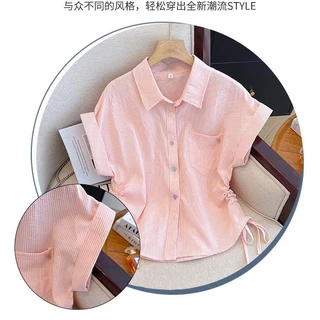 Chili Koko เสื้อเชิ้ตลายทางแขนสั้นสำหรับผู้หญิง, เสื้อเชิ้ตทรงหลวมลำลองฤดูร้อน 99177